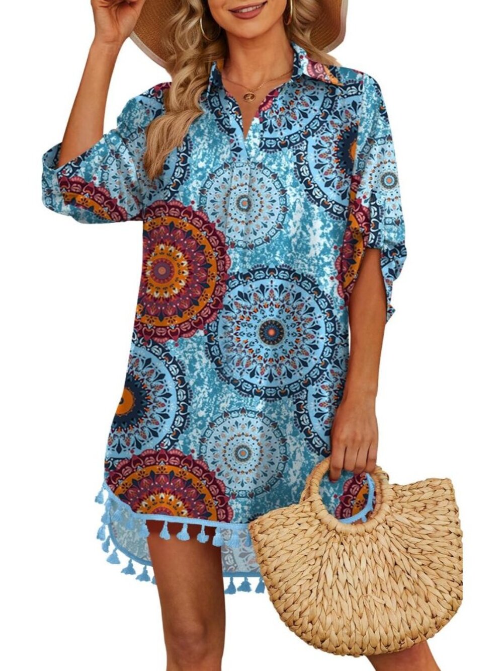 Women's Floral Blue Polyester Cover Up Tassel Swimsuit Bathing Suit for Swimwear